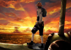 Rule 34 | 1boy, back, bag, beads, belt, black hair, black shorts, boots, cloud, hat, jewelry, jolly roger, knife, male focus, necklace, ocean, one piece, outdoors, pirate, portgas d. ace, scenery, sheath, topless male, shorts, sky, solo, standing, sunset, tattoo