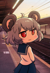 Rule 34 | 1girl, absurdres, ahoge, animal ears, blue skirt, blush, blush stickers, commentary, commentary request, cookie (touhou), grey hair, highres, kazz, mouse ears, nazrin, nyon (cookie), railroad tracks, red eyes, school uniform, shirt, short hair, skirt, touhou, train station, white shirt
