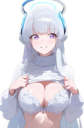 Rule 34 | 1girl, blue archive, blush, booogtake, bra, breasts, commentary, halo, headphones, highres, large breasts, long hair, looking to the side, mechanical halo, noa (blue archive), purple eyes, shirt, sidelocks, simple background, solo, sweatdrop, underwear, very long hair, white background, white hair, white halo, white shirt