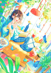 Rule 34 | 1girl, :d, animal, apple, barefoot, blue camisole, blue skirt, book, bottle, brown eyes, brown hair, bug, butterfly, camisole, commentary request, cookie, cup, day, floral print, flower, flower pot, food, fruit, hair ornament, hairclip, highres, holding, holding food, ikari (aor3507), indoors, insect, jacket, knees up, looking at viewer, mug, off shoulder, open clothes, open jacket, open mouth, original, pillow, plant, plate, potted plant, print pillow, red apple, red flower, short sleeves, sitting, skirt, smile, solo, sunlight, twitter username, window, x hair ornament, yellow flower, yellow jacket