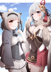 Rule 34 | 2girls, absurdres, acullllll, animal ears, azur lane, black headband, blue sky, bodysuit, bow, breasts, brown eyes, cape, clenched teeth, cloud, commission, cosplay, costume switch, cowboy shot, crow mask, fur-trimmed kimono, fur collar, fur trim, grey cape, grey hair, hamster on head, hand in own hair, hand on own chest, headband, highres, ink on face, japanese clothes, kantai collection, kimono, long hair, long sleeves, mask, medium breasts, multiple girls, name connection, neckerchief, one eye closed, one side up, pixiv commission, pleated skirt, red skirt, school uniform, serafuku, short hair, short sleeves, skirt, sky, smile, suzutsuki (azur lane), suzutsuki (kancolle), teeth, thigh strap, white bodysuit, white kimono, white neckerchief, white serafuku, white skirt