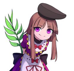 Rule 34 | 1girl, arms behind back, bow, brown hair, chibi, commentary, english commentary, eyes visible through hair, hat, leaning forward, long hair, looking at viewer, myouga (plant), nishida satono, puffy short sleeves, puffy sleeves, purple eyes, red bow, short sleeves, sidelocks, simple background, smile, solo, speckticuls, tate eboshi, touhou, transparent background, v-shaped eyebrows, white background