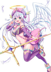 Rule 34 | 1girl, :d, absurdres, angel wings, antenna hair, aqua eyes, bad id, bad pixiv id, bag, bare shoulders, between breasts, blunt bangs, blush, bra, breasts, cleavage, commentary request, detached collar, detached sleeves, earrings, feathers, floating hair, full body, glint, halo, hand up, hat, highres, holding, holding staff, jewelry, lace, lace-trimmed bra, lace trim, large breasts, leg up, long hair, long sleeves, looking at viewer, miniskirt, navel, necktie, open mouth, original, pink footwear, purple bra, purple hat, purple necktie, purple skirt, purple thighhighs, shoes, shoulder bag, sidelocks, simple background, skirt, smile, solo, staff, stomach, strap slip, tareme, teeth, tenzeru, thighhighs, underwear, upper teeth only, v, white background, white hair, wings
