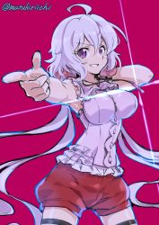 Rule 34 | 1girl, ahoge, armpits, breasts, cowboy shot, large breasts, long hair, looking at viewer, mutsuki riichi, pink background, pointing, purple eyes, senki zesshou symphogear, shorts, silver hair, smile, solo, thighhighs, twintails, wide sleeves, yukine chris