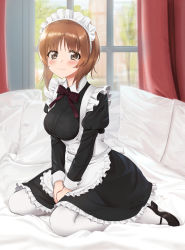 Rule 34 | 1girl, absurdres, alternate costume, bed, blush, bow, bowtie, breasts, brown eyes, brown hair, closed mouth, enmaided, girls und panzer, highres, indoors, looking at viewer, maid, maid headdress, mamu t7s, mary janes, medium breasts, nishizumi miho, on bed, pantyhose, shoes, short hair, sitting, smile, solo, white pantyhose, window