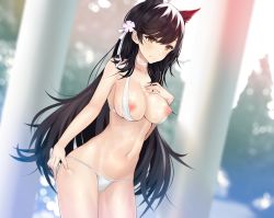 Rule 34 | 1girl, animal ears, arm at side, atago (azur lane), atago (summer march) (azur lane), azur lane, backlighting, bikini, bikini pull, black hair, blurry, blurry background, breasts, breasts out, closed mouth, clothes pull, collarbone, column, cowboy shot, ero waifu, flower, groin, hair flower, hair ornament, hand on own chest, large breasts, long hair, looking at viewer, mole, mole under eye, navel, nipples, orange eyes, pillar, shiny skin, smile, solo, standing, stomach, sweat, swept bangs, swimsuit, tsurime, very long hair, white bikini