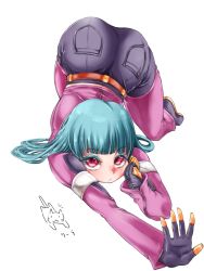 Rule 34 | 1girl, all fours, aqua hair, artist request, ass, boots, chaps, gloves, jacket, kula diamond, long hair, looking at viewer, pants, red eyes, shiny clothes, smile, solo, the king of fighters, top-down bottom-up, transparent background