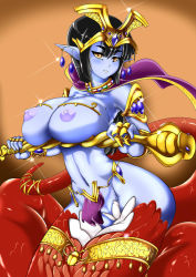 Rule 34 | 1girl, armlet, armpits, black hair, blue skin, blush, bracelet, breast hold, breasts, cape, colored skin, earrings, egyptian, from side, gem, glint, gradient background, groin, half-closed eyes, holding, huge breasts, jewelry, lamia, long hair, looking at viewer, monster girl, narrow waist, naughty face, navel, neck ring, nipples, nude, original, parted lips, pelvic curtain, pointy ears, puffy nipples, ring, scepter, short hair, sirat111, smile, snake, solo, tail, tail ornament, thighlet, tiara, yellow eyes