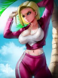 Rule 34 | absurdres, alternate breast size, android, android 18, arms behind head, blonde hair, blue eyes, breasts, cleavage, cloud, cloudy sky, covered erect nipples, crop top, dragon ball, dragon ball super, earrings, elite nappa, eyelashes, highres, holding, holding hair, jacket, jewelry, large breasts, non-web source, official alternate costume, palm tree, pants, partially unzipped, pink jacket, pink pants, puckered lips, shaded face, skindentation, sky, tank top, track jacket, track pants, track suit, tree, watermark, white tank top, zipper