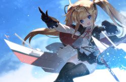 Rule 34 | 1girl, ahoge, amazon (azur lane), arms at sides, azur lane, black thighhighs, blonde hair, blue eyes, fang, flag, fog, gloves, long hair, military, military uniform, nakamura takeshi, open mouth, pointing, sky, thighhighs, twintails, uniform, union jack, water drop, weapon