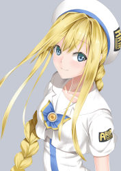 Rule 34 | 1girl, absurdres, alicia florence, aria (manga), blonde hair, blouse, blue eyes, braid, braided ponytail, closed mouth, copyright name, dress, floating hair, grey background, hair between eyes, hair intakes, hat, highres, kamehito, long hair, looking at viewer, ponytail, sailor collar, shirt, short sleeves, simple background, smile, solo, upper body, very long hair, white dress, white hat, white sailor collar, white shirt