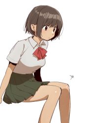 Rule 34 | 1girl, bow, bowtie, brown eyes, brown hair, closed mouth, collared shirt, commentary request, copyright request, feet out of frame, from side, green skirt, grey shirt, invisible chair, kawai makoto, pleated skirt, red bow, red bowtie, shirt, short hair, short sleeves, signature, simple background, sitting, skirt, solo, white background, wing collar