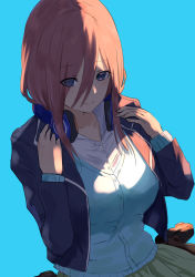 Rule 34 | 1girl, absurdres, black footwear, blazer, blue background, blue cardigan, blue jacket, blush, breasts, brown hair, brown pantyhose, cardigan, closed mouth, collarbone, collared shirt, dress shirt, eyes visible through hair, female focus, fingernails, go-toubun no hanayome, green skirt, hair between eyes, hair over one eye, hands up, headphones, headphones around neck, highres, jacket, loafers, long hair, long sleeves, looking at viewer, misaki nonaka, nakano miku, open clothes, open jacket, pantyhose, pleated skirt, school uniform, shirt, shoes, simple background, sitting, skirt, smile, solo, very long hair, wariza, white shirt