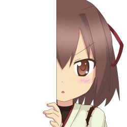 Rule 34 | 10s, 1girl, brown eyes, brown hair, hair ribbon, ise (kancolle), japanese clothes, kantai collection, looking at viewer, nagineko, parted lips, peeking out, ribbon, solo, transparent background
