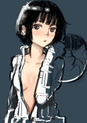 Rule 34 | 1girl, bad id, bad pixiv id, black hair, breasts, brown eyes, cleavage, helmet, highres, hoshijiro shizuka, kyuuso inukami, looking at viewer, open clothes, open suit, parted lips, pilot suit, short hair, sidonia no kishi, sketch, small breasts, solo, unzipped