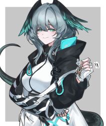 Rule 34 | 1girl, arknights, black jacket, blush, closed mouth, commentary, fingerless gloves, fingernails, gloves, green eyes, green nails, grey hair, hair between eyes, hand up, head wings, highres, ho&#039;olheyak (arknights), jacket, charm (object), long hair, long sleeves, looking at viewer, mabing, multicolored clothes, multicolored jacket, nail polish, smile, snake tail, tail, two-tone jacket, upper body, white gloves, white jacket, wings