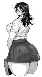 Rule 34 | 1girl, ass, bad id, bad tumblr id, bag, blush, bookbag, breasts, curvy, flying sweatdrops, glasses, greyscale, highres, huge ass, huge breasts, large breasts, long hair, looking at viewer, looking back, monochrome, narrow waist, plump, school uniform, simple background, skirt, smile, solo, synecdoche, thick thighs, thighs, white background, wide hips