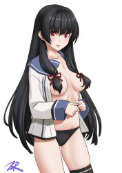 Rule 34 | 1girl, artist logo, asymmetrical legwear, black hair, black panties, black thighhighs, blue sailor collar, contrapposto, cowboy shot, hair censor, hair over breasts, hair ribbon, highres, isokaze (kancolle), kantai collection, long hair, long sleeves, no bra, open clothes, panties, parted lips, red eyes, ribbon, sailor collar, sailor shirt, school uniform, serafuku, shirt, simple background, single thighhigh, solo, t2r, thighhighs, tress ribbon, underwear, uneven legwear, white background, white shirt