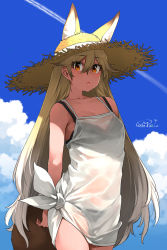 Rule 34 | 1girl, animal ear fluff, animal ears, arms behind back, bare shoulders, black panties, blonde hair, blue sky, bra, bra visible through clothes, breasts, cloud, collarbone, commentary request, contrail, cowboy shot, dated, day, dress, ears through headwear, expressionless, extra ears, ezo red fox (kemono friends), fox ears, fox girl, fox tail, gradient hair, hair between eyes, happa (cloverppd), hat, highres, kemono friends, long hair, looking at viewer, multicolored hair, orange eyes, panties, pink bra, pink panties, see-through, shade, signature, sky, small breasts, solo, spaghetti strap, straw hat, sun hat, tail, tied dress, underwear, very long hair, water drop, wet, wet clothes, wet dress, white dress, white hair