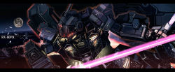Rule 34 | beam saber, character name, commentary request, dual wielding, full moon, glowing, glowing eyes, gundam, gundam side story: missing link, haguruma c, highres, holding, looking away, mecha, mobile suit, mobile suit gundam, moon, no humans, pale rider (mobile suit), red eyes, robot, solo, upper body
