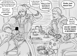 Rule 34 | 2boys, absurdres, bb (baalbuddy), cafe, cellphone, coat, coffee, coffee mug, cup, dante (devil may cry), devil may cry (series), devil may cry 5, english text, greyscale, highres, holding, holding phone, mechanical arms, mega man (series), mega man legends (series), monochrome, mug, multiple boys, nero (devil may cry), open clothes, open coat, phone, scratching head, single mechanical arm, sitting, smartphone, speech bubble, table