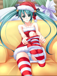 Rule 34 | 1girl, adjusting clothes, adjusting legwear, aqua hair, bell, bow, christmas, couch, dressing, feet, foot focus, foreshortening, hair bow, hat, hatsune miku, highres, kobapyon, long hair, outstretched leg, panties, pantyshot, patterned legwear, red &amp; white, sack, santa costume, santa hat, sitting, smile, sock pull, solo, striped clothes, striped panties, striped thighhighs, thighhighs, thighhighs pull, twintails, two-tone stripes, underwear, undressing, upskirt, very long hair, vocaloid, yellow upholstery