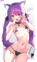 Rule 34 | 1girl, :3, :d, absurdres, animal ear fluff, animal ears, artist name, bikini, black bikini, blush, breasts, cat ear bikini, cat ears, claw pose, collar, cowboy shot, demon tail, fang, gluteal fold, green eyes, hair ribbon, highres, hololive, kkato, leg tattoo, long hair, looking at viewer, low twintails, micro bikini, mole, mole on breast, mole on thigh, multicolored nails, nail, navel, open mouth, purple hair, red nails, ribbon, skin fang, small breasts, smile, solo, swimsuit, tail, tattoo, tokoyami towa, twintails, virtual youtuber, yellow nails