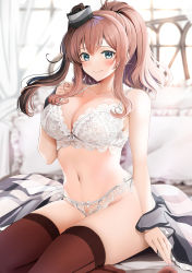 Rule 34 | 1girl, aqua eyes, bare shoulders, bed frame, black hair, blush, bra, breasts, brown hair, brown thighhighs, cleavage, closed mouth, unworn clothes, collarbone, commentary request, feet out of frame, hand on own chest, highres, indoors, kantai collection, large breasts, lingerie, long hair, looking at viewer, multicolored hair, navel, on bed, panties, pillow, ponytail, saratoga (kancolle), sidelocks, sitting, smile, solo, stomach, thighhighs, two-tone hair, underwear, underwear only, white bra, white panties, yokozuwari, yunamaro