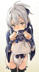 Rule 34 | 10s, 1girl, ainu, ainu clothes, bad id, bad twitter id, blue eyes, blush, breasts, commentary, covering own mouth, cowboy shot, cropped jacket, dress, folded ponytail, hair between eyes, headband, kamoi (kancolle), kantai collection, kekemotsu, large breasts, long hair, long sleeves, looking at viewer, no panties, sidelocks, simple background, sleeveless, sleeveless dress, solo, thick eyebrows, thighhighs, unworn headband, white dress, white hair, wrist guards
