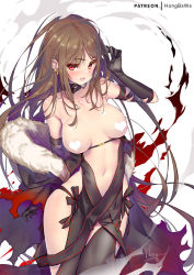 Rule 34 | 1girl, arm behind back, bare shoulders, black dress, blush, breasts, breasts apart, breasts out, brown hair, censored, censored nipples, center opening, choker, collarbone, commentary, dress, earrings, fate/grand order, fate (series), fur-trimmed jacket, fur collar, fur trim, gold, heart, heart censor, hong (white spider), jacket, jewelry, long hair, looking at viewer, making-of available, medium breasts, multiple earrings, navel, open mouth, patreon username, red eyes, revealing clothes, sidelocks, signature, skindentation, solo, stomach, strapless, strapless dress, thighs, very long hair, yu mei-ren (fate)