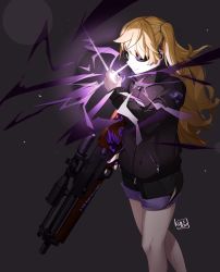 Rule 34 | 1girl, alternate costume, black background, black hoodie, black jacket, black shorts, bullpup, electricity, energy, eyepatch, fischl (genshin impact), from side, genshin impact, glowing, green eyes, gun, hair behind ear, highres, holding, holding gun, holding weapon, hood, hoodie, jacket, kyuyou chara, one eye covered, rifle, shorts, smile, sniper rifle, solo, two side up, walther, walther wa 2000, weapon