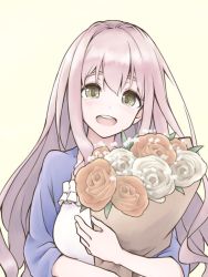 Rule 34 | 1girl, blush, bouquet, breasts, commentary request, flower, green eyes, hair between eyes, holding, holding bouquet, idolmaster, idolmaster cinderella girls, long hair, looking at viewer, open mouth, pink hair, round teeth, saionji kotoka, simple background, smile, solo, tamasa yamoto, tears, teeth, upper body, white background, yellow background