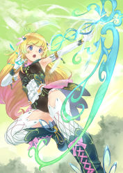 Rule 34 | 1girl, ahoge, arrow (projectile), bare shoulders, black leotard, blonde hair, blue eyes, blush, bow (weapon), breasts, cloud, commentary request, curly hair, drawing bow, eichisu, elbow gloves, elf, flower, from below, gloves, gradient hair, green sky, hair flower, hair ornament, holding, holding bow (weapon), holding weapon, leotard, long hair, multicolored hair, open mouth, original, outdoors, pointy ears, sky, sleeveless, small breasts, solo, standing, standing on one leg, thighhighs, weapon, white gloves
