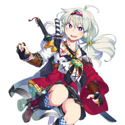 Rule 34 | 1girl, ahoge, asymmetrical clothes, boots, bracer, cape, checkered clothes, checkered legwear, eyebrows, fingerless gloves, gloves, hairband, highres, looking at viewer, low twintails, mn3ga, open mouth, original, purple eyes, sheath, sheathed, simple background, skirt, solo, sword, twintails, weapon, weapon on back, white background, white hair, wide sleeves