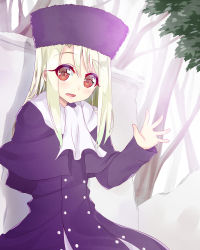 Rule 34 | 1girl, :d, bad id, bad pixiv id, capelet, coat, fate/stay night, fate (series), fur hat, hat, illyasviel von einzbern, long hair, open mouth, papakha, purple hat, red eyes, smile, solo, waving, white hair, yuuuuu (magia-mami)