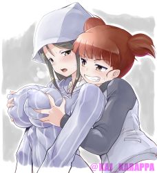 Rule 34 | 2girls, artist name, blush, grabbing another&#039;s breast, breasts, brown hair, covered erect nipples, eyebrows, girls und panzer, grabbing, grey background, hat, highres, karappa, large breasts, mika (girls und panzer), mikko (girls und panzer), multiple girls, open mouth, parted lips, puffy nipples, shiny clothes, shiny skin, short hair, short twintails, simple background, sweat, sweater, teeth, tongue, twintails, two-tone background, white background, yuri