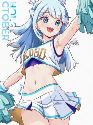 1girl absurdres blue_eyes blue_hair cheerleader crop_top highres holding holding_pom_poms hololive hololive_indonesia kobo_kanaeru long_hair midriff multicolored_hair open_mouth pom_pom_(cheerleading) pom_poms skirt smile solo two-tone_hair varliet virtual_youtuber white_hair white_skirt