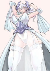 Rule 34 | 1girl, absurdres, breasts, cleavage, comic hand, demon girl, demon horns, dress, duel monster, from below, grey eyes, grey hair, highres, horns, large breasts, looking at viewer, lovely labrynth of the silver castle, pointy ears, solo, spread cleavage, twintails, white hair, white horns, yu-gi-oh!