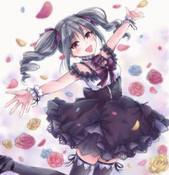 Rule 34 | 1girl, black dress, black legwear, blue eyes, blue flower, blue rose, bow, dress, drill hair, flower, highres, idolmaster, idolmaster cinderella girls, jumping, kanzaki ranko, long hair, looking at viewer, open mouth, outstretched arms, red eyes, rirachoko, rose, silver hair, smile, solo, twin drills, twintails, wrist cuffs, yellow flower, yellow rose