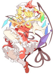 Rule 34 | 1girl, ascot, blonde hair, fangs, female focus, flandre scarlet, hat, hat ribbon, highres, kumio, laevatein, looking at viewer, midriff, navel, open mouth, pointing, puffy sleeves, red eyes, ribbon, shirt, short sleeves, side ponytail, skirt, skirt set, smile, solo, touhou, wings