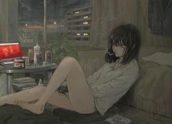 Rule 34 | 1girl, bare legs, bed, beer can, black hair, book, can, city lights, cityscape, commentary request, computer, drink can, game console, highres, indoors, laptop, long hair, night, no pants, on floor, original, plant, potted plant, shirt, smoke, solo, table, white shirt, window, yellow eyes