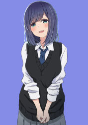 Rule 34 | 1girl, black sweater vest, blue background, blue eyes, blue hair, blue necktie, blush, collared shirt, commentary request, fukunaga nagisa, grey skirt, highres, kurokawa akane, long sleeves, looking at viewer, medium hair, necktie, open mouth, oshi no ko, own hands clasped, own hands together, parted bangs, partial commentary, pleated skirt, puffy sleeves, school uniform, shirt, simple background, skirt, smile, solo, sweater vest, swept bangs, white shirt