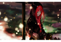 Rule 34 | 1girl, amo (silent bomb19), bad id, bad pixiv id, black hoodie, blurry, blurry background, braid, closed mouth, depth of field, fence, green eyes, hood, hood up, hoodie, long hair, long sleeves, looking at viewer, original, post, red hair, single braid, solo, standing, wooden fence