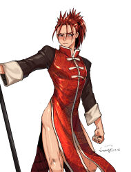 Rule 34 | 1boy, absurdres, adapted costume, amy7996659, averting eyes, bara, blush, chinese clothes, contrapposto, fate/grand order, fate (series), feet out of frame, high ponytail, highres, li shuwen (fate), li shuwen (young) (fate), male focus, pectorals, pelvic curtain, polearm, red hair, shy, sideburns, solo, standing, thighs, toned, toned male, weapon, white background