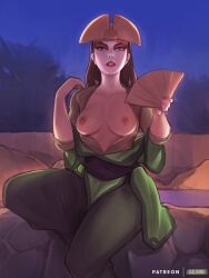 Rule 34 | 1girl, avatar: the last airbender, avatar legends, breasts, breasts out, brown hair, hand fan, kalruna, kyoshi (avatar), makeup, medium breasts