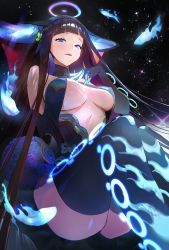 Rule 34 | 1girl, a2ki, bare shoulders, black dress, black gloves, black headwear, black thighhighs, blue dress, blue eyes, blue fire, blunt bangs, blush, breasts, center opening, dress, elbow gloves, fate/grand order, fate (series), fire, fish, gloves, hair ornament, halo, hand on own chest, highres, large breasts, leaf hair ornament, long hair, looking at viewer, night, night sky, open mouth, purple hair, sitting, sky, smile, solo, star (sky), starry sky, thighhighs, thighs, two-tone dress, very long hair, yang guifei (fate), yang guifei (third ascension) (fate)