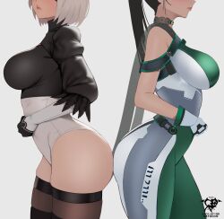 Rule 34 | 2b (nier:automata), 2girls, ass, ass-to-ass, black hair, black hairband, black thighhighs, bodysuit, breasts, crossover, curvy, eve (stellar blade), female focus, from side, gloves, hairband, highres, juliet sleeves, kaos art, large breasts, leotard, long hair, long sleeves, lower body, multicolored bodysuit, multicolored clothes, multiple girls, nier:automata, nier (series), official alternate hair length, official alternate hairstyle, planet diving suit (7th) (stellar blade), ponytail, puffy sleeves, short hair, skin tight, stellar blade, thick thighs, thighhighs, thighs, tight clothes, trait connection, very long hair, white hair