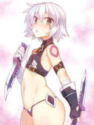 Rule 34 | 1girl, armpits, ass, bandages, bare shoulders, belt, belt buckle, black panties, blush, breasts, buckle, commentary request, cowboy shot, crop top, dagger, dual wielding, fate/apocrypha, fate/grand order, fate (series), gloves, green eyes, holding, jack the ripper (fate/apocrypha), knife, looking at viewer, navel, open mouth, panties, racer (magnet), reverse grip, scar, short hair, silver hair, sleeveless, small breasts, solo, standing, tattoo, thighs, underwear, weapon, wide hips