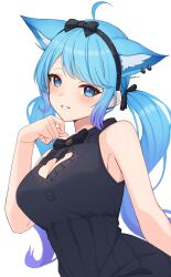 Rule 34 | 1girl, ahoge, animal ear fluff, animal ear piercing, animal ears, black bow, black bowtie, black dress, black hairband, blue eyes, blue hair, blush, bow, bowtie, breasts, brooch, cleavage, cleavage cutout, clothing cutout, collared dress, dog ears, dog girl, dress, earrings, frilled shirt collar, frills, grin, hair bow, hairband, hand on own chin, highres, jewelry, large breasts, long hair, looking at viewer, low twintails, medium bangs, multiple earrings, nanashi inc., nishino eri, official alternate costume, paw print, simple background, sleeveless, sleeveless dress, smile, solo, souya ichika, souya ichika (6th costume), twintails, upper body, virtual youtuber, white background