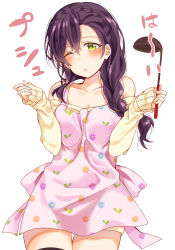 Rule 34 | 10s, 1girl, ;o, alternate hairstyle, apron, bare shoulders, blush, braid, breasts, cleavage, clenched hands, collarbone, commentary request, cowboy shot, crown braid, floral print, green eyes, hair over shoulder, hands up, holding, ladle, long hair, looking at viewer, love live!, love live! school idol festival, love live! school idol project, medium breasts, mogu (au1127), off-shoulder, off-shoulder sweater, off shoulder, one eye closed, pink apron, print apron, purple hair, simple background, single braid, sleeves past wrists, solo, standing, sweater, thigh gap, tojo nozomi, translation request, white background, yellow sweater